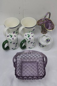 Floral Ceramic Mugs, Covered Sugar Bowl & Purple Glass Basket