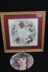Framed Floral Wreath Artwork & Victorian Portrait Plaque Mixed Lot 16x16 and 9D