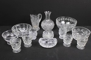 Cut Crystal Glassware Assortment - Decanter, Bowls & Pitcher (Lot of 14)