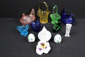 Colored Glass & Porcelain Collectibles Mixed Lot - 12 Pieces