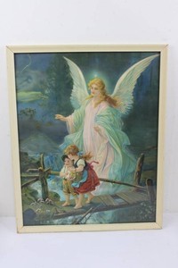 Framed Guardian Angel Religious Art Print - 17 X 21.5 in