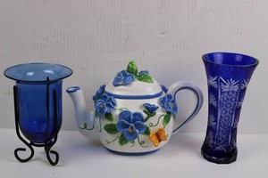 Blue Glass Vases & Floral Ceramic Teapot Mixed Lot