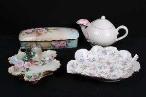 Floral Porcelain Teapot, Trinket Box & Dishes Mixed Lot