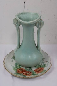 Blue-Green Ceramic Vase & Floral Decorative Plate