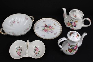 5-Piece Floral China Teapot & Serving Dish Mixed Lot