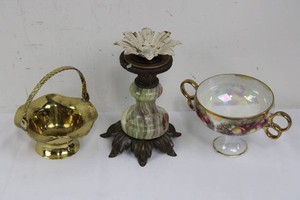 Royal Sealy China Bowl, Stone Candleholder & Brass Basket Mixed Lot