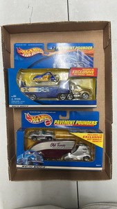 Hot wheels, pavement, pounders lot, diecast, semi truck, car, motorcycle
