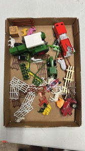 Diecast farm lot, tractors, fire truck, animals, fencing, toys