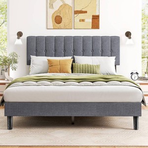 $185 OLIXIS King Size Upholstered Bed Frame, Grey