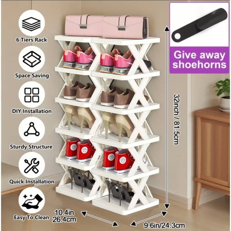 Solid White 6 Tier Narrow Shoe Rack - Brand New