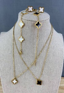 Stainless Steel Black 4-Leaf Clover Necklace, 15,  Bracelet, 8.5 and White 4-Leaf Clover Necklace, 18,  Bracelet, 9, Pierced Earrings - Brand New