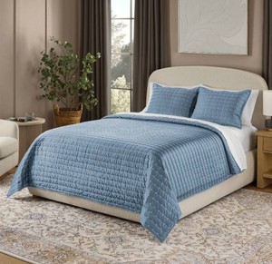 Members Mark Cotton-Tencel Blue Quilt Set, FullQueen, 3-Pieces - Brand New