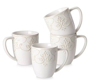 Embossed Ceramic White Coffee Mugs, 16oz, 4 Total - Brand New