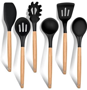 Kitchen Tool Set, Black and Natural Wood, 6 Piece - Brand New