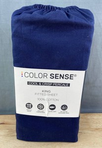 Color Sense Percale King Cotton Fitted Sheet, Blue - Brand New