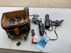 Group of Canon FD Film Cameras Lenses Vivitar Flash & Camera Bag