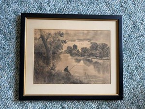 Vintage Framed Monochrome Landscape Print Fisherman Church Scene