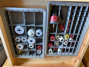 Group of Assorted Hole Saws With Arbors in Organizer Trays