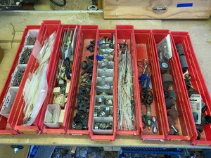 Group Assorted Hardware & Shop Supplies in Red Organizer Bins