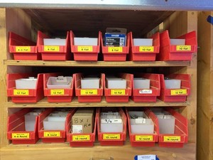Assorted Wood Screws in Red Parts Bins Mixed Sizes Slotted Phillips