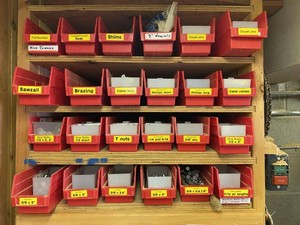 Group Workshop Hardware Organizer Rack w Red Bins Assorted Fasteners