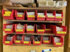 Group Assorted Screws, Bolts & Eyelets in Red Shop Storage Bins