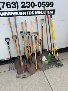Group of Assorted Long-Handle Garden Tools Shovels Rakes Scoop
