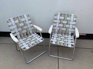 Pair of Vintage Aluminum Webbed Lawn Chairs White Rainbow Stripe