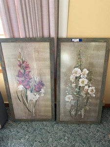 Signed Floral Framed Wall Art Pair Rustic Distressed Frames 22x41
