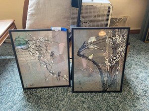 Pair of Chiu Weng Framed Cork Art Bird Blossom Wall Hangings