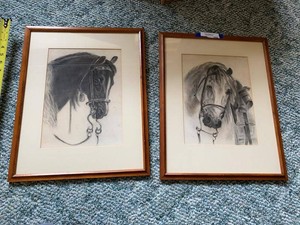Pair of Framed Horse Portrait Drawings Charcoal Style Wall Art