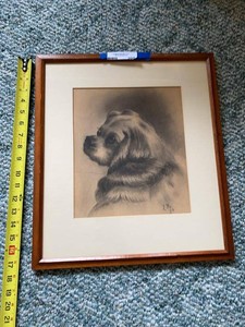 Antique Signed Framed Dog Portrait Charcoal Drawing Matted Wood Frame