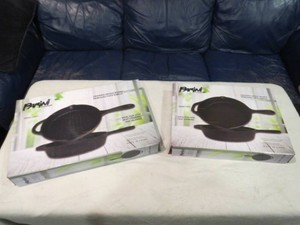 New - Parini Cookware Cast Iron 10 Fry Pan Pre-seasoned, Draining Spout, Hand Cast, Round, Parini Cookware 10 Cast Iron Grill Pan Pre-Seasoned, Two-Handled w Spout
