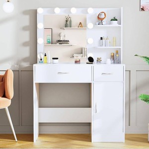 White Makeup Vanity Desk with Hollywood Light Bulbs