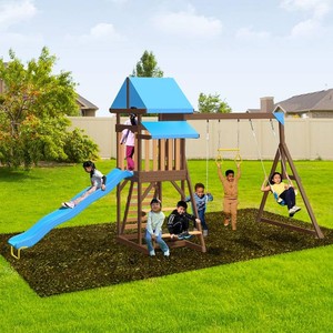Sportspower Rosemont Cedar Wooden Swing Set with 8 Slide, 2 Adjustable Swings, Trapeze,