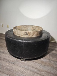 Round Black Leather Ottoman, 42 Inch