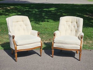 Tufted Upholstered Bergere Style Armchair Pair
