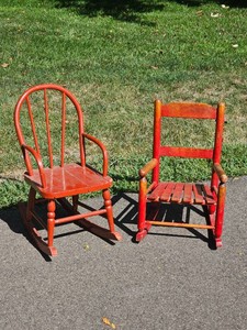 Red Painted Childrens Rocking Chairs Pair