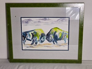 Alicia Signed Colorful Bison Pair Artwork in Green Frame