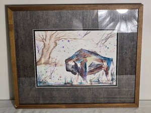 Alicia Signed Abstract Bison Artwork in Wood Frame