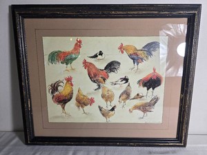 Framed Rooster and Hen Artwork with Signature and 97 Date