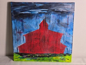 Signed Abstract Red Barn Painting on Canvas