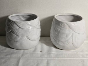 White Ceramic Cachepot Pair with Draped Swag Relief