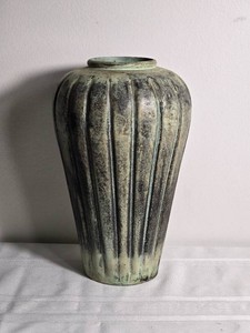 Tall Fluted Decorative Vase in Green and Charcoal Tones