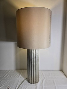 Silver Tone Fluted Column Table Lamp with Tall Drum Shade