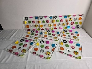 Colorful Geometric Square Glass Plates, Set of Ten