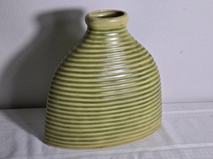 Green Ribbed Ceramic Vase with Broad Tapered Form