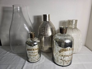 Decorative Vase and Bottle Collection in Clear, Silver & White, Five Pieces