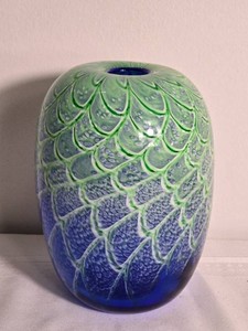 Signed Blue and Green Studio Art Glass Vase with Feathered Pattern