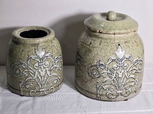 Sage Green Decorative Pottery Jar Pair with Scroll Motifs